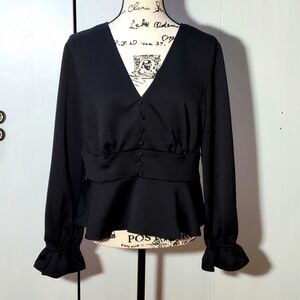 Express- Womens Black Blouse Ruffle Sleeve ends Vneck neutral whimsigoth Sz.L